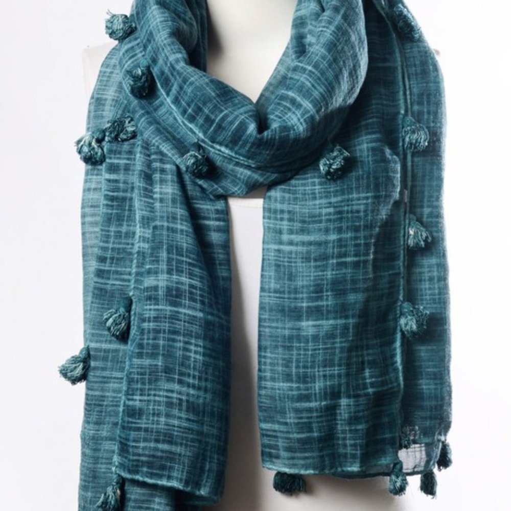 Pom Lightweight Tassel Scarf in Teal